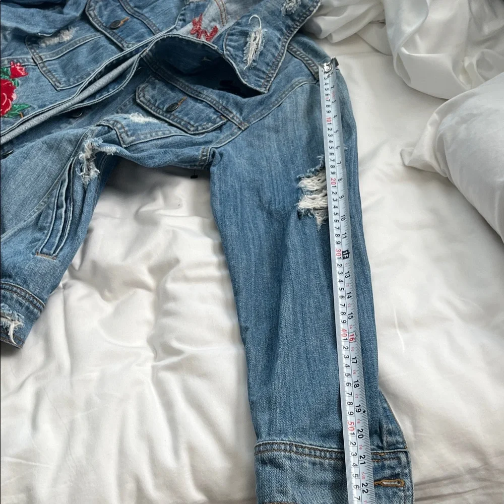 Distressed Blue Denim Jacket with Red Rose Embroidery- HIDDEN. - Picture 9 of 12